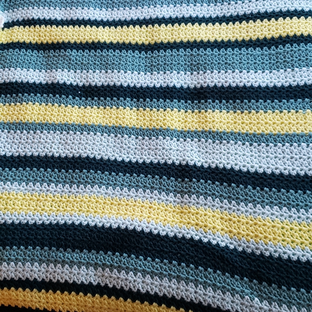 Vintage crochet green yellow and white blanket